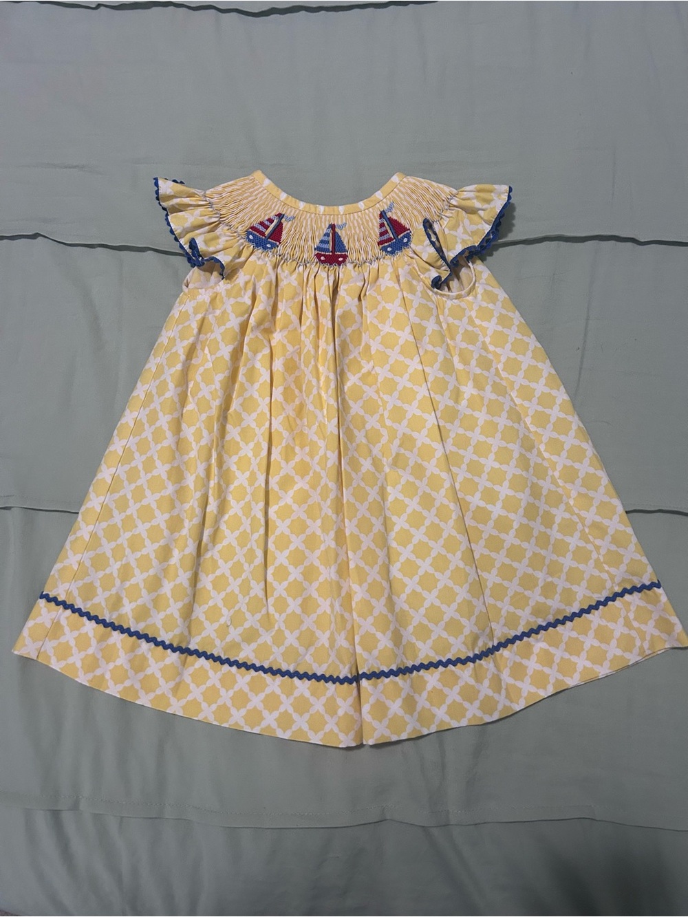 Silly Goose Yellow Sailboat Smocked Dress